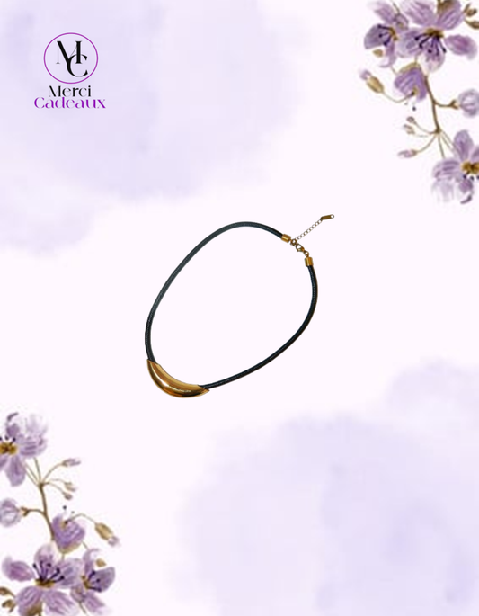 Collar de tubo de acero inoxidable dorado, cuerda de cuero negro