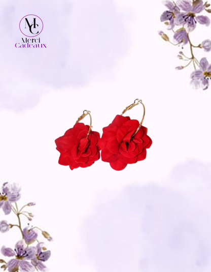 Pendientes de flores tridimensionales de tela roja