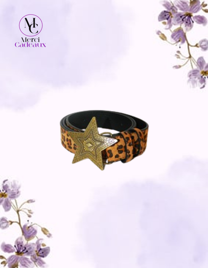 Cinturón de crin con patrón de leopardo, hebilla de estrella de metal dorado
