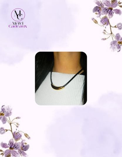 Collar de tubo de acero inoxidable dorado, cuerda de cuero negro