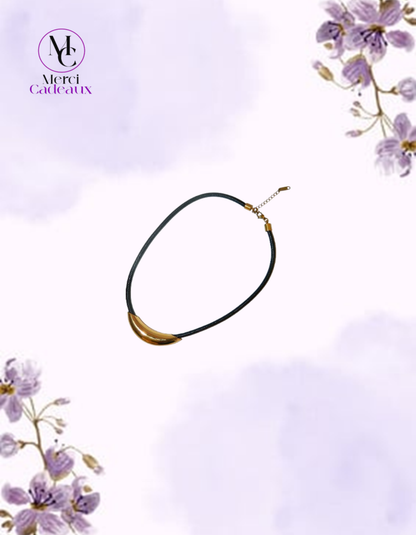 Collar de tubo de acero inoxidable dorado, cuerda de cuero negro
