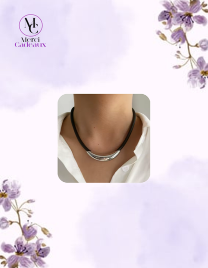 Collar de tubo de acero inoxidable plateado, cuerda de cuero negro