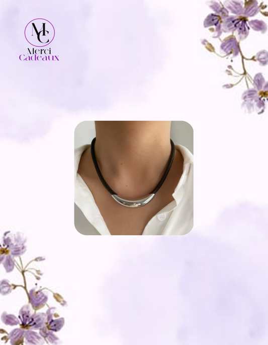 Collar de tubo de acero inoxidable plateado, cuerda de cuero negro